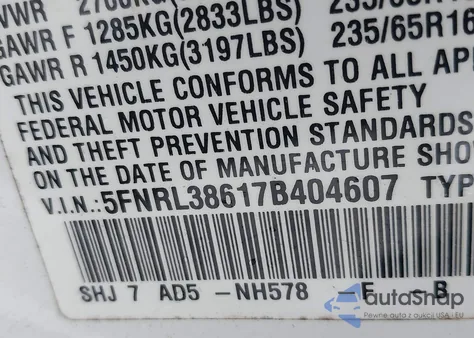 2007 Honda Odyssey Ex-L from USA, damaged, VIN 5FNRL38617B404607